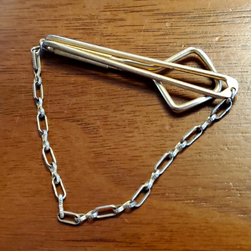 Vintage Signed Swank Tie Bar w/Drop Chain Pat. No. 1865995 Gold Tone